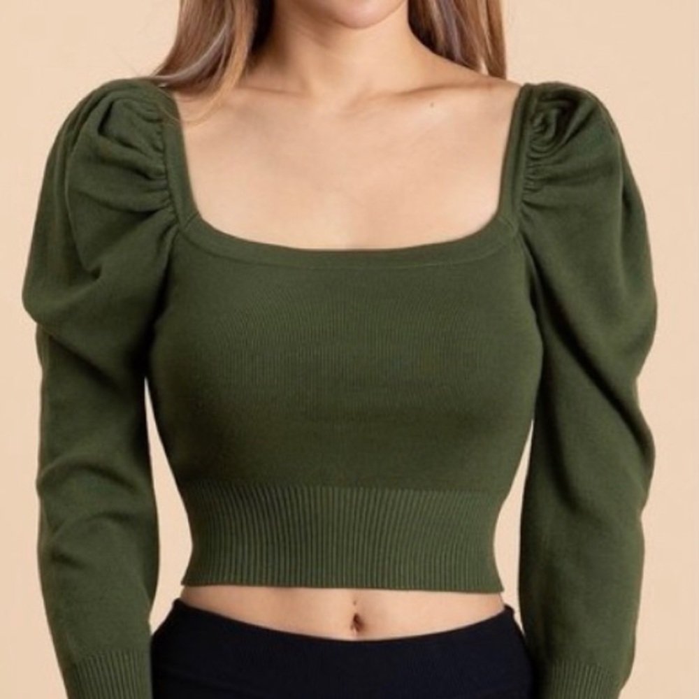 Cropped Puff Sleeve Sweater Olive
